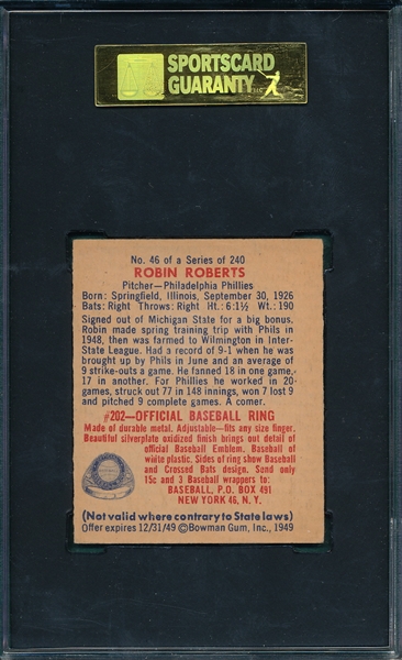 1949 Bowman #46 Robin Roberts SGC 80 *Rookie*