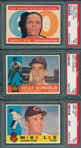 1960 Topps #508 Consolo, #521 Lee & #556 Neal, AS, Lot of (3) PSA 7 *Hi #s* 