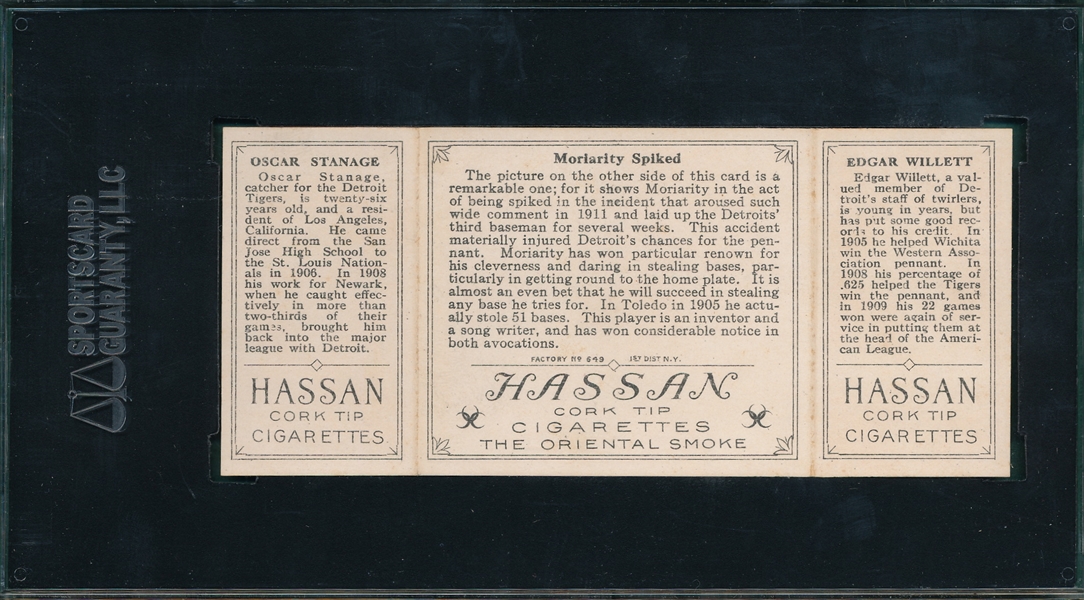 1912 T202 Moriarity Spiked, Willett/Stanage, Hassan Cigarettes SGC 86
