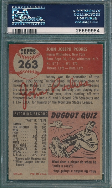 1953 Topps #263 John Podres PSA 5 *Hi #, SP* *Rookie*