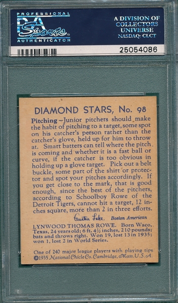 1934-36 Diamond Star #98 Schoolboy Rowe PSA 7 *SP*