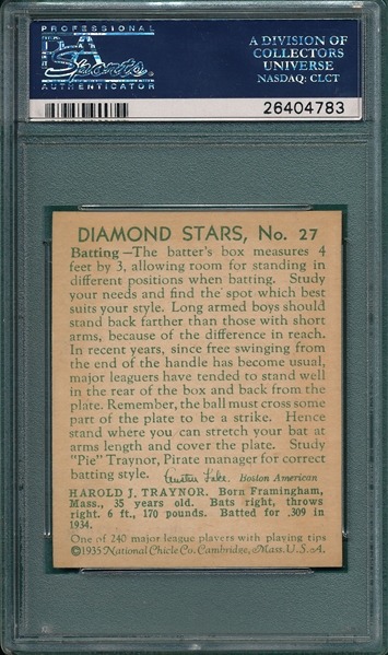 1934-36 Diamond Star #27 Pie Traynor PSA 8