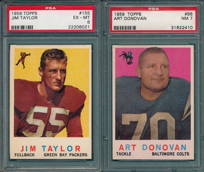 1959 Topps FB #86 Donovan PSA 7 & #155 Jim Taylor, Rookie, PSA 6, (2) Card Lot, PSA 6 