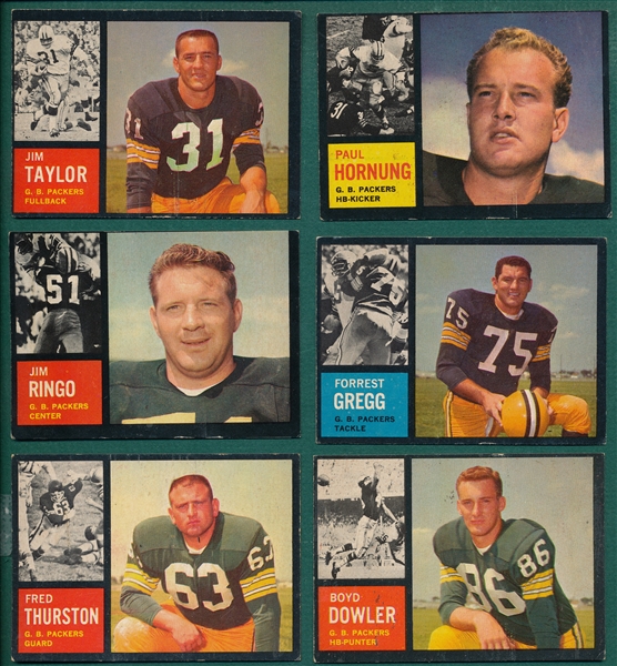 1962 Topps FB Lot of (6) Green Bay Packers W/ Hornung