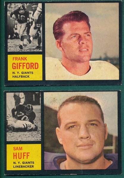 1962 Topps FB #104 Gifford & #110 Huff, Giants (2) Card Lot