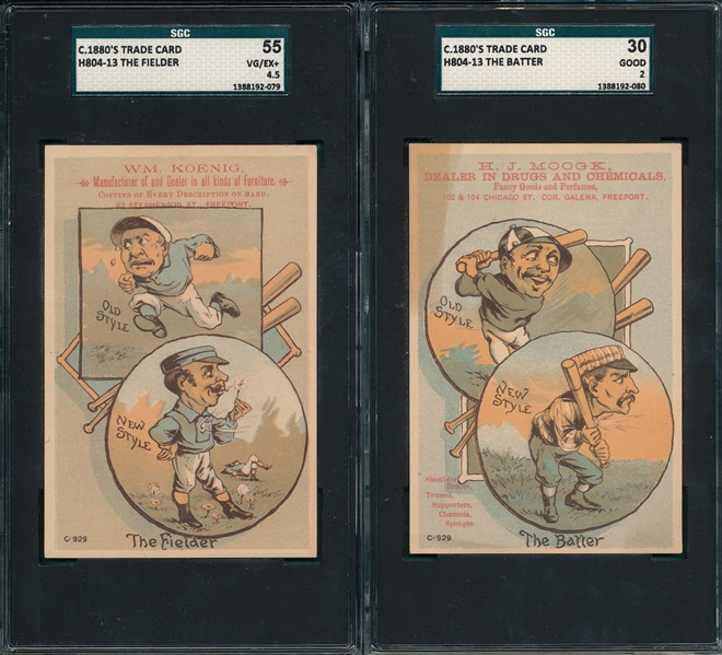 1880s H804-13 The Batter SGC 30 & The Fielder SGC 55 Trade Cards, (2) Card Lot