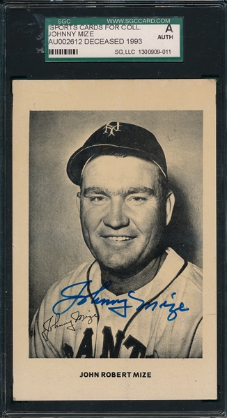 1950s Sports Cards For Collectors PC Signed by Johnny Mize SGC Authentic