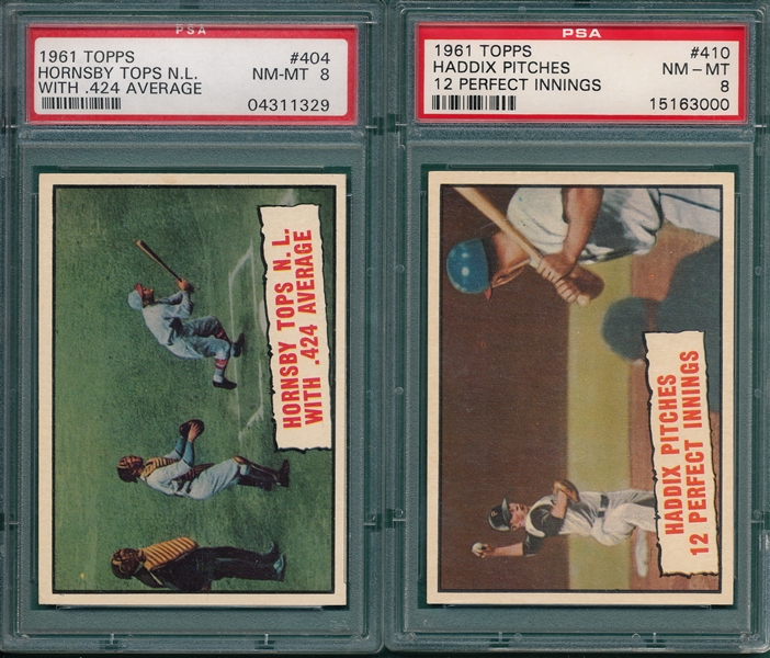 1961 Topps #404 Hornsby & #410 Haddix, Baseball Thrills, Lot of (2), PSA 8