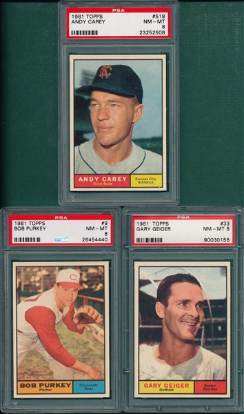 1961 Topps #9 Purkey, #33 Geiger & #518 Carey, Lot of (3) PSA 8