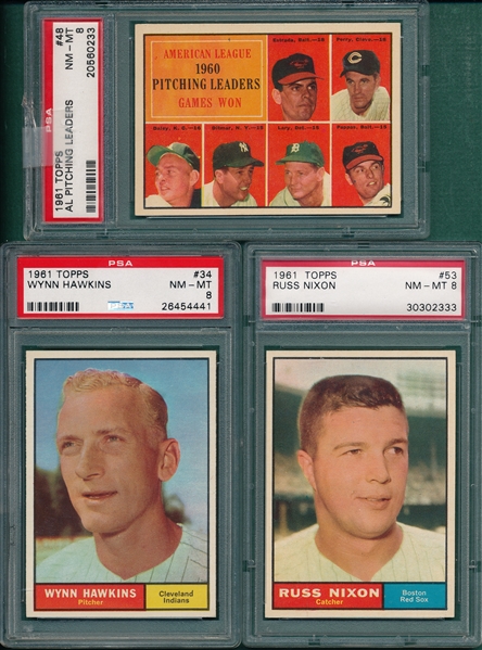 1961 Topps #34 Hawkins, #48 AL Pitching Leaders & #53 Nixon, Lot of (3) PSA 8