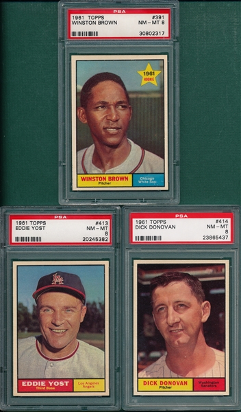 1961 Topps #391 Brown, #413 Yost & #414 Donovan, Lot of (3) PSA 8