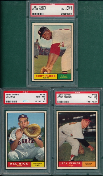 1961 Topps #438 Flood, #448 Rice & #463 Fisher, Lot of (3) PSA 8