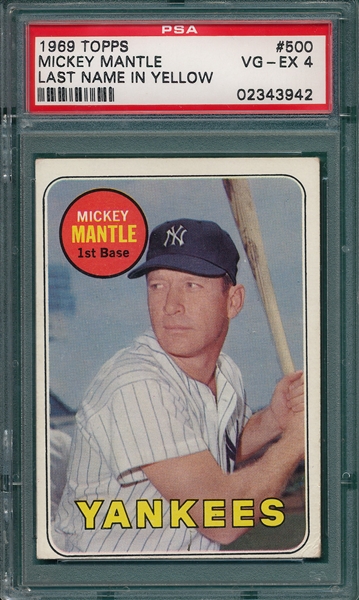 1969 Topps #500 Mickey Mantle, Yellow Letters, PSA 4