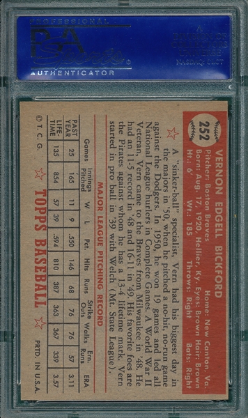 1952 Topps #252 Vern Bickford PSA 7 (OC)