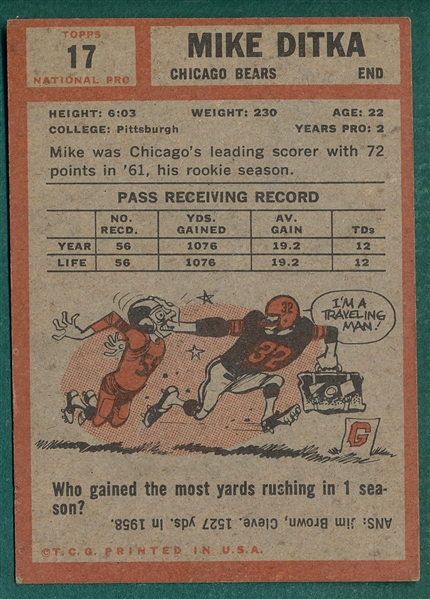 1962 Topps #17 Mike Ditka *Rookie*
