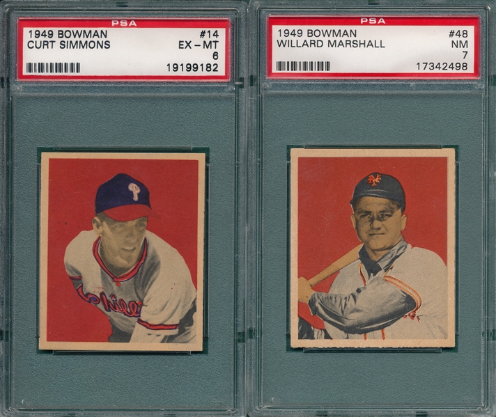1949 Bowman #14 Simmons, Rookie, & #48 Marshall PSA 7, Lot of (2)