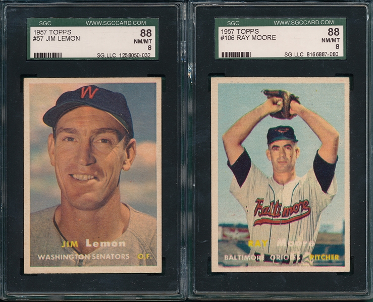 1957 Topps #57 Lemon & #106 Moore, (2) Card Lot SGC 88