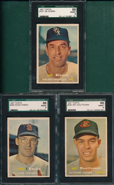 1957 Topps #107 Rivera, #363 Kasko & #385 Houtteman, (3) Card Lot SGC 88