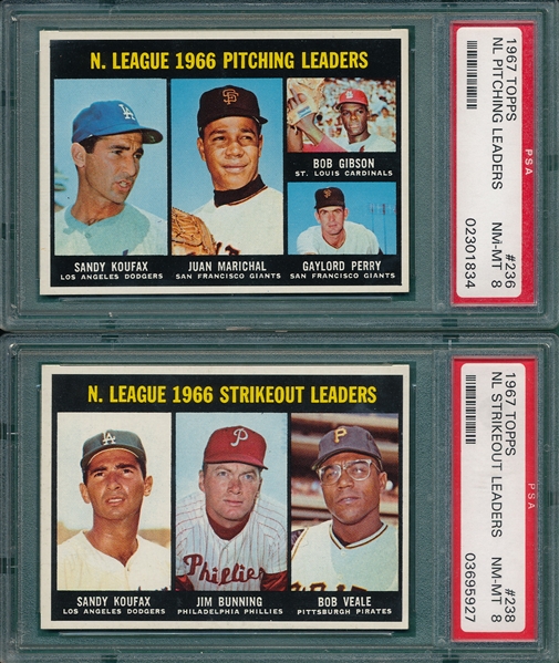 1967 Topps NL Leaders #236 & #238, Lot of (2) W/ Koufax, PSA 8
