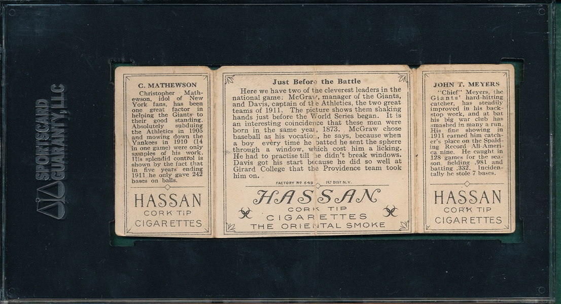 1912 T202 Just Before the Battle, Meyers/Mathewson Hassan Cigarettes SGC Authentic