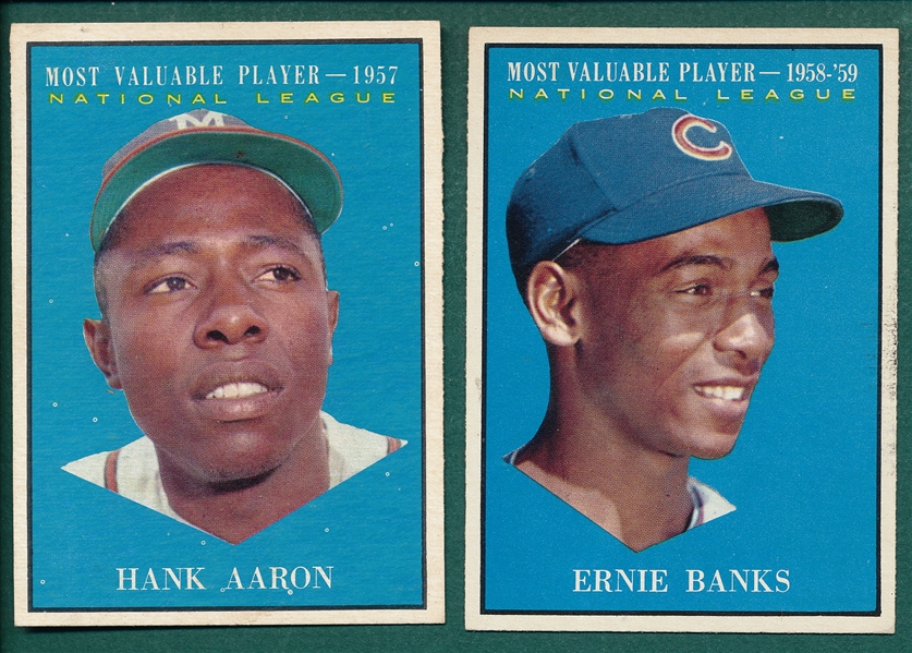 1961 Topps #484 Aaron, MVP & #485 Banks, MVP, Lot of (2) 