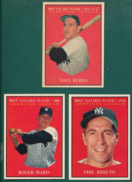 1961 Topps #471 Rizzuto, MVP, #472 Berra, MVP & #478 Maris, MVP, Lot of (3) 