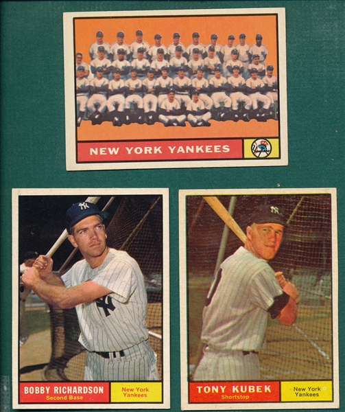 1961 Topps Lot of (3) Yankees, #180 Richardson, #228 Team & #265 Kubek *High Grade*