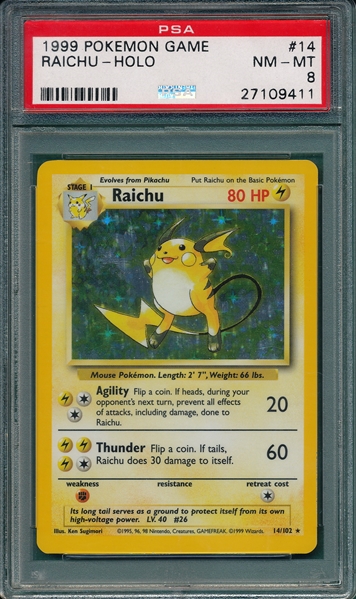 1999 Pokemon Game #14 Raichu, Hologram, PSA 8