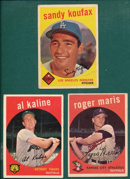 1959 Topps Maris, Kaline & Koufax, Lot of (3) 