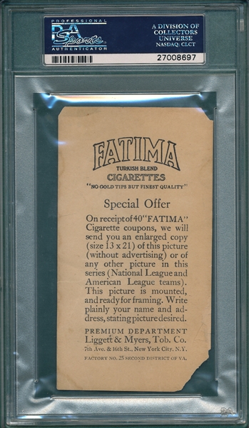 1913 T200 Philadelphia Athletics Fatima Cigarettes PSA 1