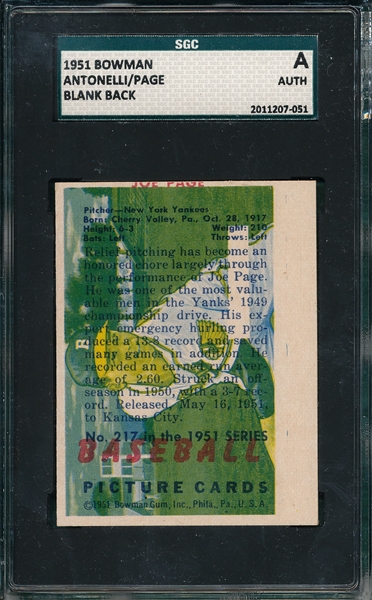 1951 Bowman Antonelli/Page, Double Printed, SGC A  *Unique Card*