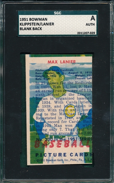 1951 Bowman Klippstein/Lanier, Double Printed, SGC A  *Unique Card*