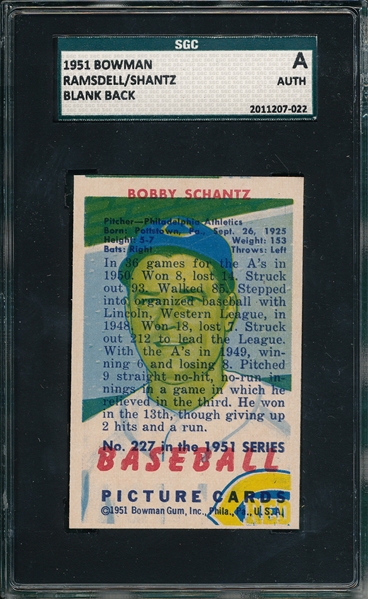 1951 Bowman Ramsdell/Shantz, Double Printed, SGC A  *Unique Card*