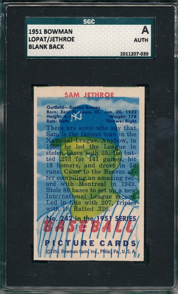 1951 Bowman Lopat/Jethroe, Double Printed, SGC A  *Unique Card*