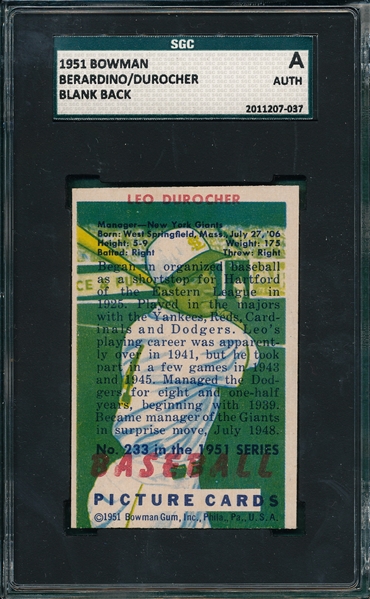 1951 Bowman Berardino/Durocher, Double Printed, SGC A  *Unique Card*