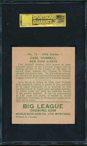 1934 World Wide Gum #71 Carl Hubbell SGC 60 *Strong Colors*