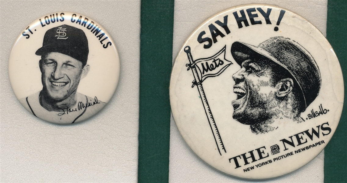1950s Musial & 1973 Mays Buttons, Lot of (2)