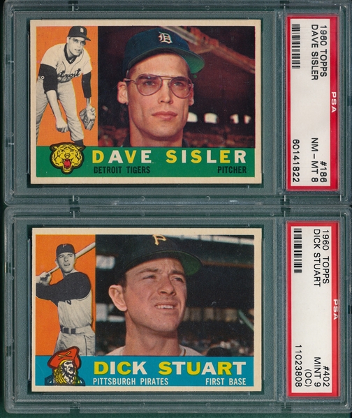 1960 Topps #402 Stuart PSA 9 (OC) & #188 Sisler PSA 8, Lot of (2) 