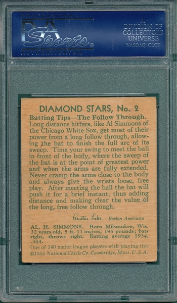 1934-36 Diamond Stars #2 Al Simmons PSA 4