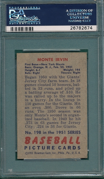 1951 Bowman #198 Monte Irvin PSA 7 *Rookie* 