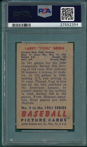 1951 Bowman #2 Yogi Berra PSA 4.5