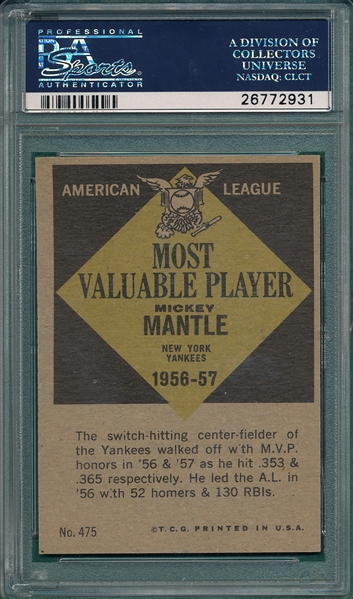 1961 Topps #475 Mickey Mantle, MVP, PSA 8