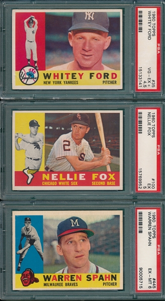 1960 Topps #35 Ford, #100 Fox & #445 Spahn, (3) Card Lot PSA
