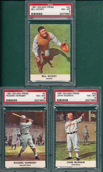 1961 Golden Press #7 Hornsby, #23 McGraw & #27 Dickey, Lot of (3) PSA 8