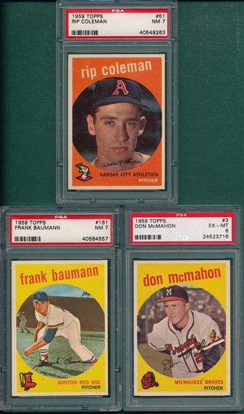 1959 Topps #3 McMahon PSA 6, #51 Coleman PSA 7 & #161 Baumann PSA 7