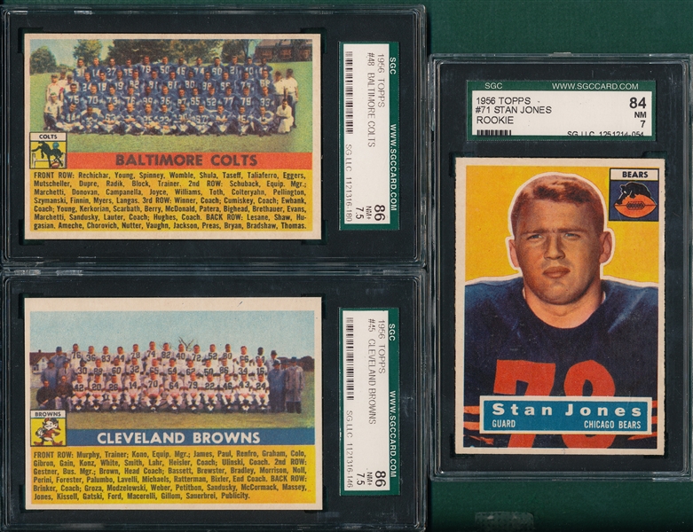 1956 Topps #45 Browns, #48 Colts & #71 Stan Jones, Rookie SGC 84, Lot of (3)