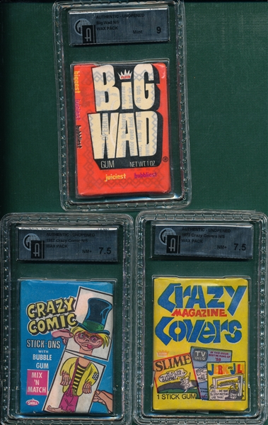 1967-73 Fleer Crazy Magazine Covers, Comics & Big Wad. Unopened Wax Packs Lot of (3) GAI 