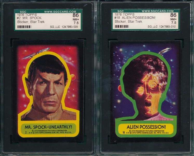 1976 Topps Star Trek Stickers #2 Spock & #18, Lot of (2) SGC 86