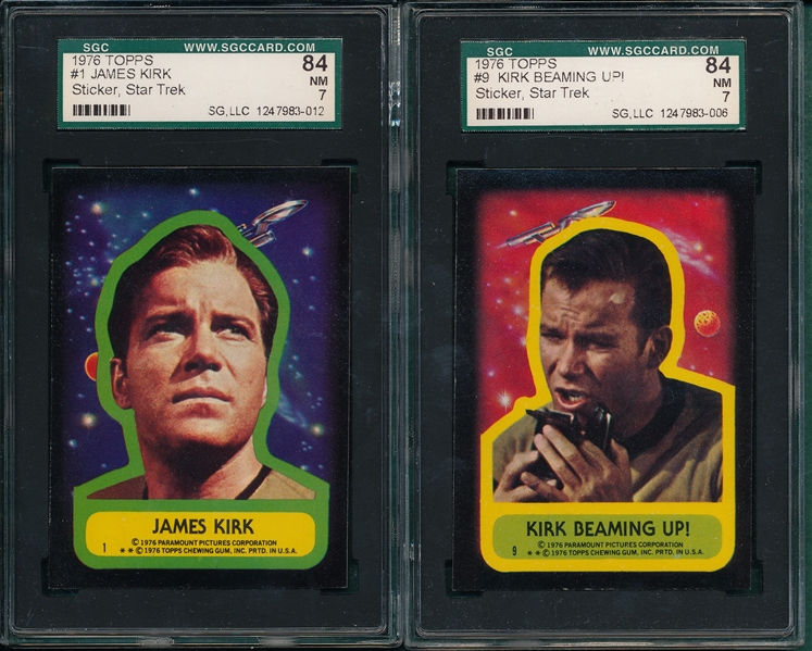 1976 Topps Star Trek Stickers #1 James Kirk & #9 Kirk Beaming Up, Lot of (2) SGC 84