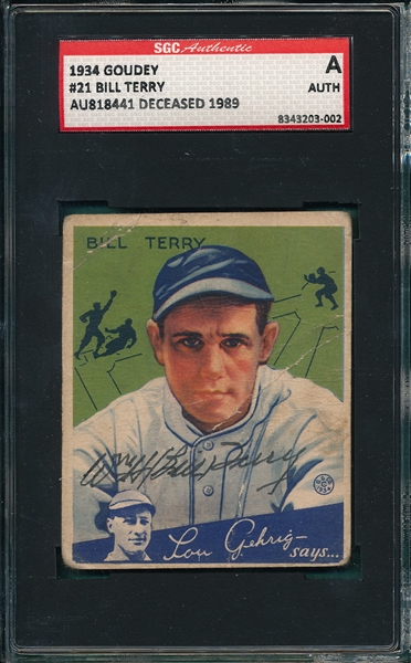 1934 Goudey #21 Bill Terry SGC Authentic *Autographed*